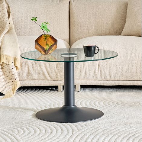 Table basse ronde en verre trempé 70 cm, structure en métal noir, hauteur 45 cm OKMYHOME (1/5)