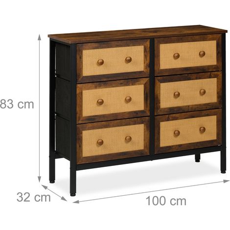 Cómoda con 6 cajones vintage tendencia almacenaje salón dormitorio 110 x 40 x 80 cm de metal imitación madera de nogal 130015994