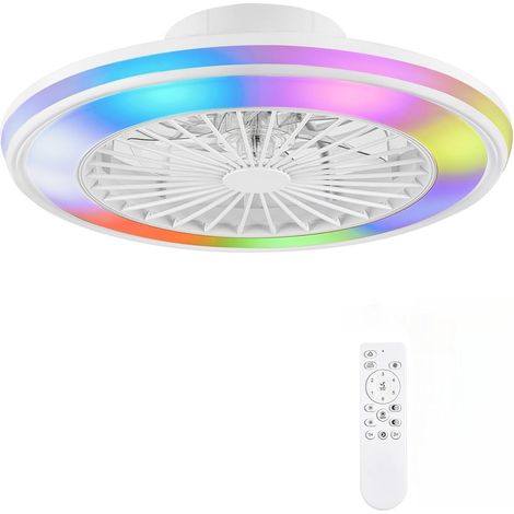 Ventilador de techo silencioso con luz, 49,5 cm, sin aspas, LED de 32 W + motor de CC de 16 W, 6 velocidades, 3 colores, control por aplicación y mando a distancia, temporizador, luz blanca (RGB). (1/5)