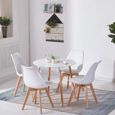 Runder Esstisch mit 4 skandinavischen Stühlen, weiß, MDF & Holz (1/5)
