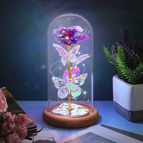 Colored Gold Purple Preserved Rose with 2 Butterfly Glass Lamps (1/5)