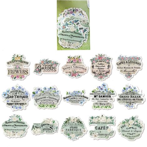 Lot 45 autocollants rétro motifs variés, décalcomanies colorées pour albums, carnets DIY, langage floral, décorations résistantes. (1/5)