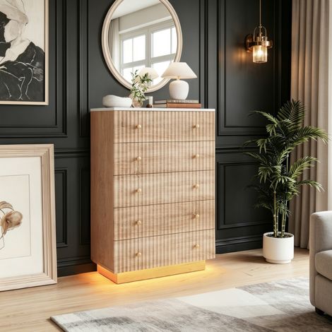 Commode Chambre 5 tiroirs en bois, Meuble de Rangement avec éclairage LED pour Entrée Salon Couloir, Design moderne flottant, 73 x 40 x 111 cm, Bois naturel (1/5)