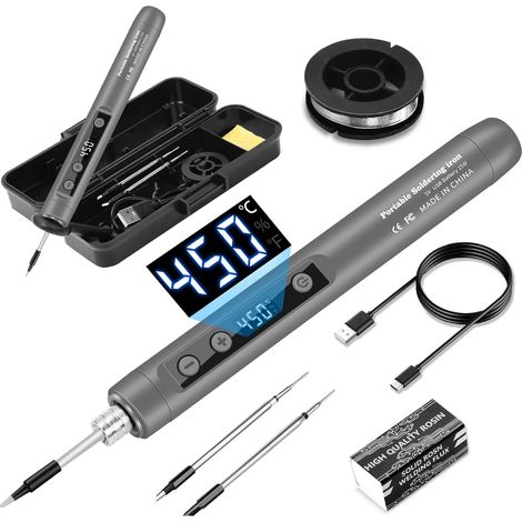 Kit de fer à souder sans fil USB-C avec écran LCD, température réglable de 180 ℃ à 450 ℃, stylo à souder portable rechargeable pour réparation électronique, projets de bricolage, fabrication (1/5)