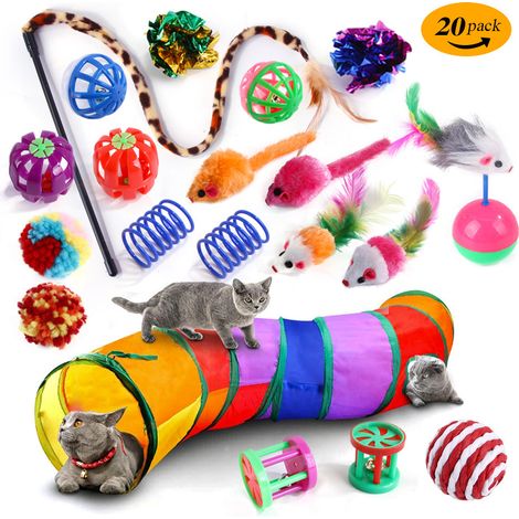 Jouets interactifs pour chat - Ensemble de 20 pièces - Plumes, souris, tunnel, baguette à chat - Couleurs des accessoires aléatoires (1/2)