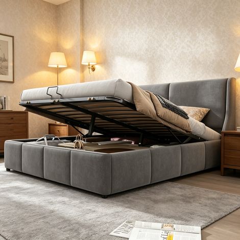 Lit coffre 140×190cm,lit capitonné avec espace de rangement,lit double avec tête de lit rembourrée,sommier à lattes,Velours, Gris (1/5)