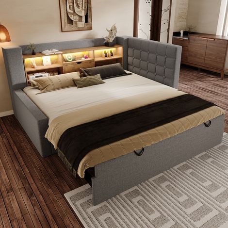 Letto estraibile 90×200 cm, Letto Singolo con LED Regolabile, USB, Tipo C e Contenitori, senza Materasso, in Lino, Grigio (1/5)
