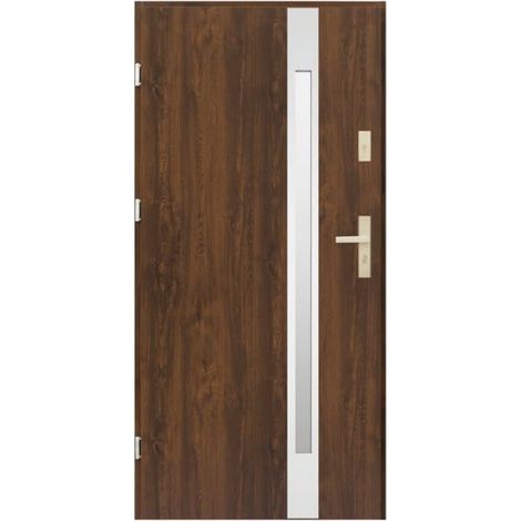 Porte d'entrée KALA 90 cm H1 en acier inoxydable noyer foncé - Poignée et serrure : Sans - Poussant: Gauche