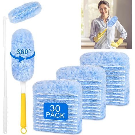 30 Pièces Plumeau Poussiere Recharge Kit,360° Recharges de Plumeau avec 2 Poignée Plumeaux à Poussière Brosses Dépoussiérantes pour Cheveux, Poussière, Nettoyage de Toiture de Saleté (1/4)