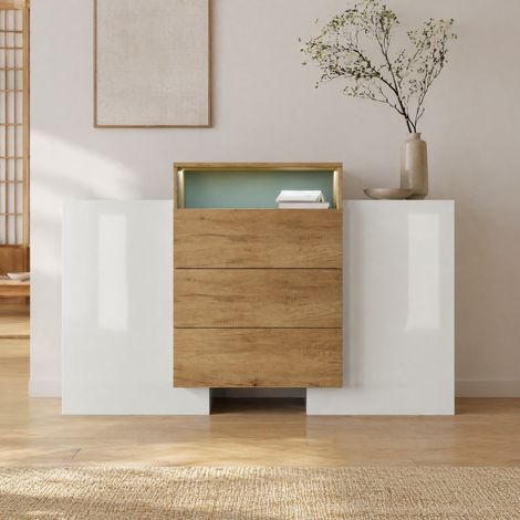 Buffet 140 cm avec LED multicolores, 2 portes, 3 tiroirs, MDF, blanc brillant et coloris bois HAVRYA (1/5)