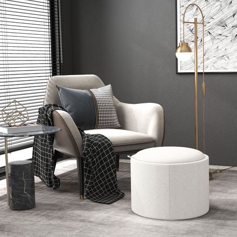 Ottomane ronde avec coffre de rangement, couvercle relevable, revêtement tissu couleur crème, pouf d’appoint pour salon et chambre, 56 x 56 x 42 cm  CHICFURN (1/5)