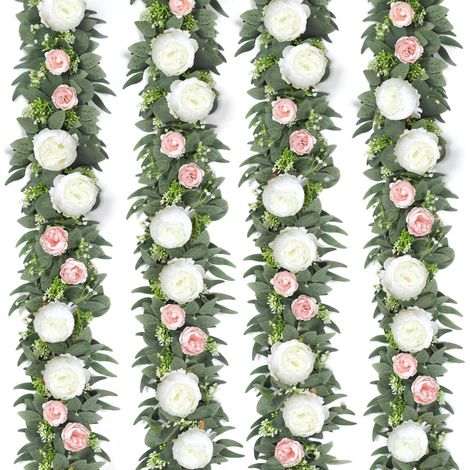 Künstliche Blumengirlande 4 Stück, Rosa & Weiß, Eukalyptus, Pfingstrosen, Rosen, 170cm (1/5)