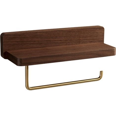 Porte-Papier Toilette Bois avec pour Étagère, Porte-Papier Toilette Support Mural (Auto-Adhésif ou à Percer), Double Porte-Papier Toilette avec Laiton de Qualité Crochets pour Cuisine et Salle de Bain (1/4)