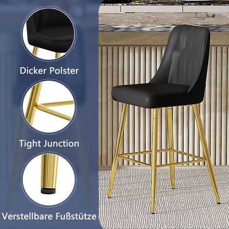 Lot de 2 tabourets de bar, hauteur 100 cm, similicuir noir avec piètement métal doré et repose-pieds confortable. Disponible en plusieurs coloris – parfait pour votre bar à domicile. (1/5)