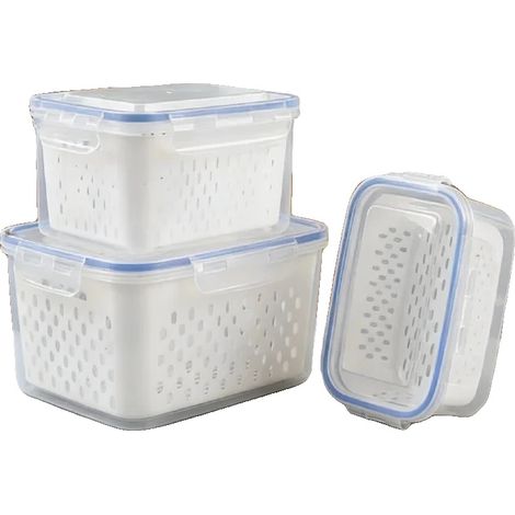 Contenedor de almacenamiento, cesta de drenaje extraíble, diseño ecológico, juego de 3 piezas, azul (1/2)