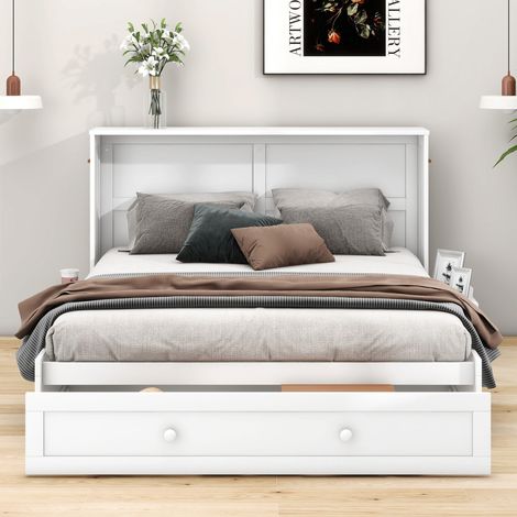 Lit plateforme convertible blanc 140x200 cm, lit gigogne roulant avec tiroir de rangement au pied et étagère latérale