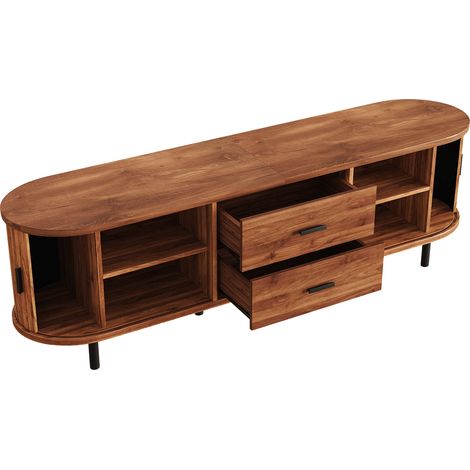 Meuble TV 160 cm avec portes coulissantes et tiroirs, structure MDF et PB, pieds métal noirs, couleur noyer (1/5)