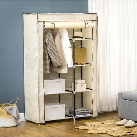 Armario de tela plegable (103x43x162.5 cm), con barra para colgar y 6 estantes, acero, blanco crema (1/5)