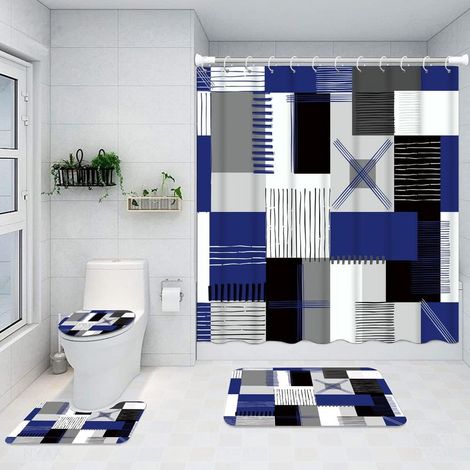 Ensemble 4 pièces accessoire salle de bain, rideau douche polyester imperméable 180x180cm, tapis flanelle antidérapant, décoration intérieur bleu (1/5)