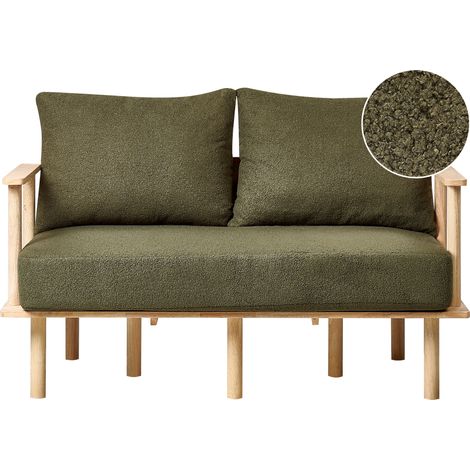 Sofá 2 plazas estilo minimalista estructura de madera clara tapizado en bouclé verde oscuro Asker