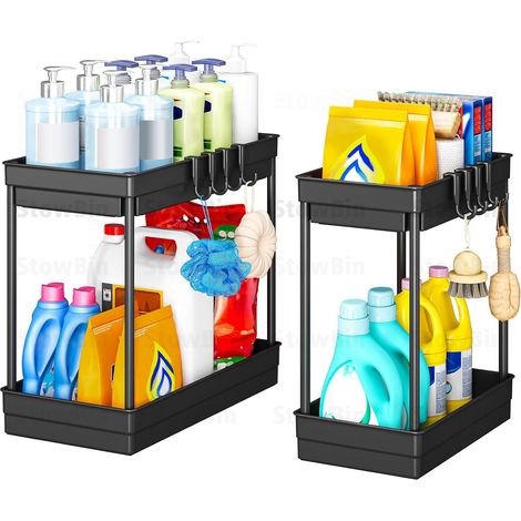 Lot de 2 Rangement sous évier, Étagère coulissante acier composite, Organisateur cuisine salle de bain