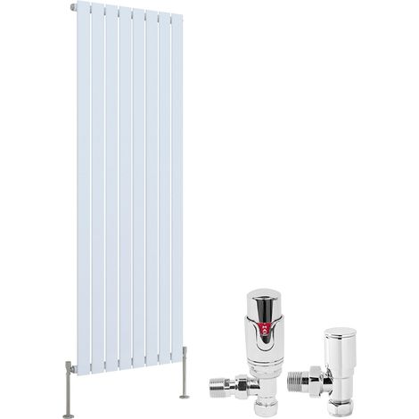White Designer Flat Panel Radiator + Thermostatic TRV Radiator Valves Chrome Angled Vertical 1600x544mm Single (1/3)