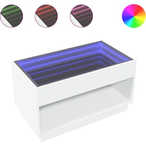 Mesa de centro de salón con estante de diseño moderno con LED 90 x 50 x 50 cm madera de ingeniería blanca y cristal DEC037444