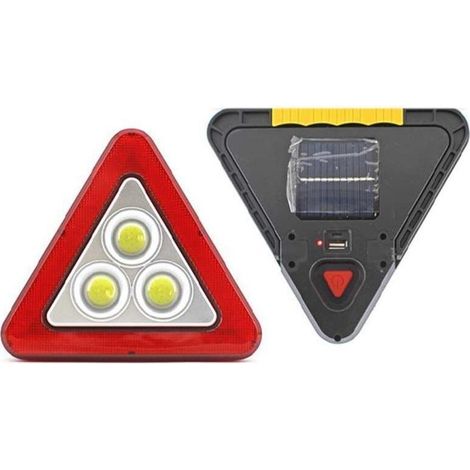 Lampe triangulaire solaire à 3 LED, rechargeable et dotée de plusieurs modes de fonctionnement pour la signalisation et la sécurité en extérieur.