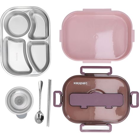 Boîte à lunch isotherme en acier inoxydable pour employés de bureau, étudiants et enfants (rose et violette, quatre compartiments pour bol à soupe, boîte à lunch individuelle) (1/5)