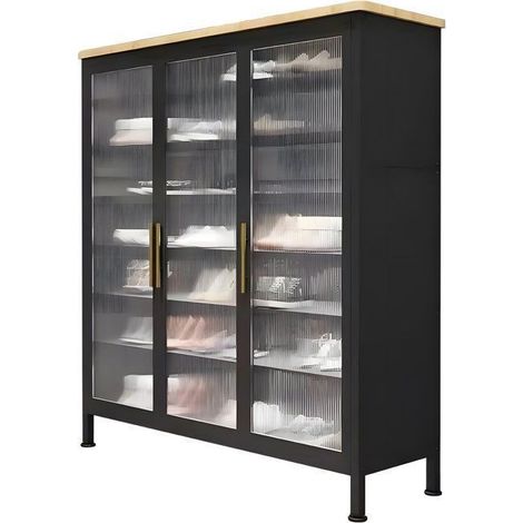 Grand rangement à chaussures noir 7 niveaux armoire vitrée fermée (1/5)