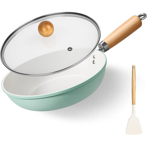 Padella antiaderente in ceramica da 24 cm - Con manico e coperchio rimovibili - Spatola in silicone in legno massello - Senza PTFE - Senza PFOA - Lavabile in lavastoviglie - Beige (1/5)