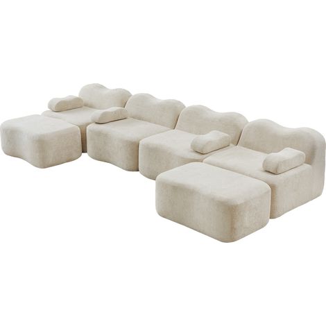 Canapé modulaire sans armature en U 4 places avec 2 ottomans, forme ondulée, mousse haute densité 32D, coussin d'accoudoir mobile, tissu doux, pour le salon, beige (1/5)