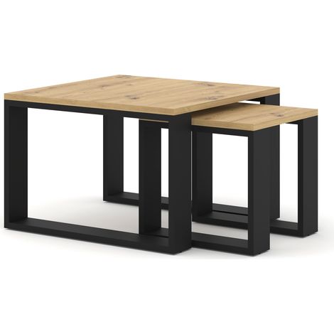 Table basse double Nuka M – Set de 2 tables de salon 60x60x40 cm, 38x38x36 cm, table d'appoint, ensemble de tables modernes, empilables chêne artisan/noir mat