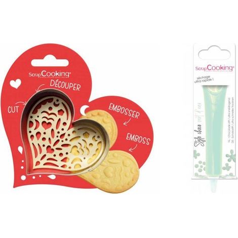 Kit pour biscuit en relief Coeur + Stylo au chocolat vert d'eau