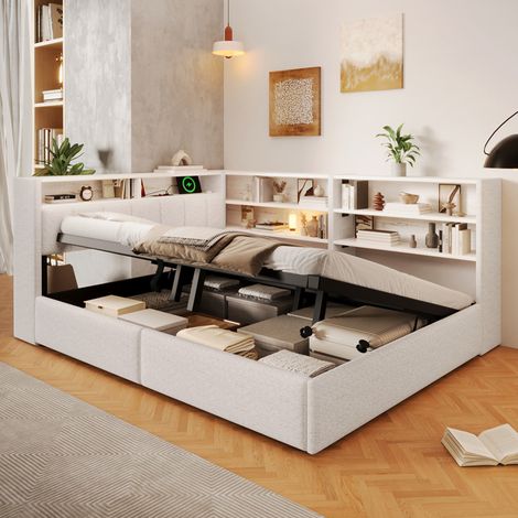 Sofá cama de 140 x 200 cm con almacenamiento hidráulico, enchufe y USB, tira LED con app, cabecero montable izquierda/derecha, sin colchón, terciopelo, blanco crema (1/5)