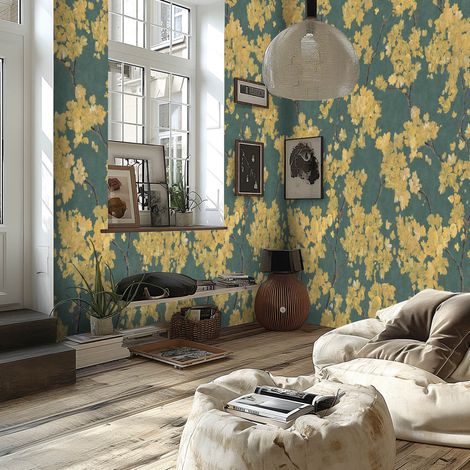 Fototapete Profhome 790152 heißgeprägte Vliestapete leicht strukturiert mit Blumen-Muster matt blau petrol gelb grau 1,59 m x 2,8 m