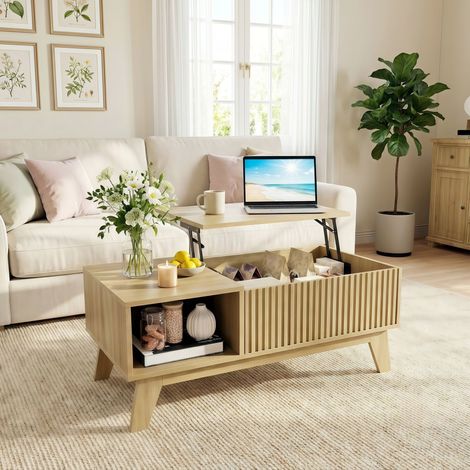 Höhenverstellbarer Couchtisch mit Stauraum - Wohnzimmertisch mit Lift-Top und offenem Fach, Skandinavisches Design aus Holz - 95x48x42 cm (1/5)