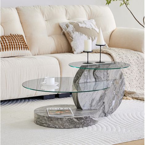 Table basse en verre trempé transparent et MDF gris effet marbre, 2 niveaux, Ø 70 cm (1/5)