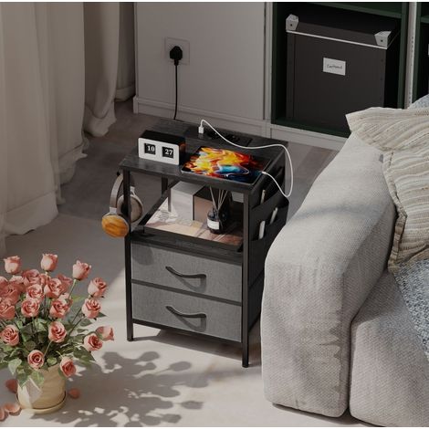 Tavolino laterale 40x30x60 cm nero in legno e acciaio con prese integrate, USB, 2 cassetti e ganci (1/4)