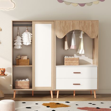 Armoire enfant combinée avec penderie et rangement ouvert, meuble blanc bois modulable (1/5)