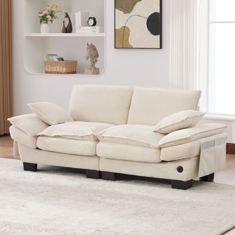 Canapé modulaire 2 places en velours côtelé avec assise large, design ergonomique, mousse haute densité, port USB-C et poches latérales. Idéal salon, bureau ou lounge. Beige (1/5)