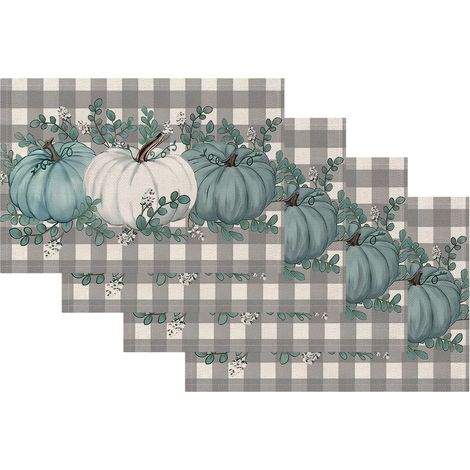 Juego de 4 manteles individuales de lino con estampado de calabazas y hojas, 30,5 x 45,7 cm, para cocina y comedor. (1/5)