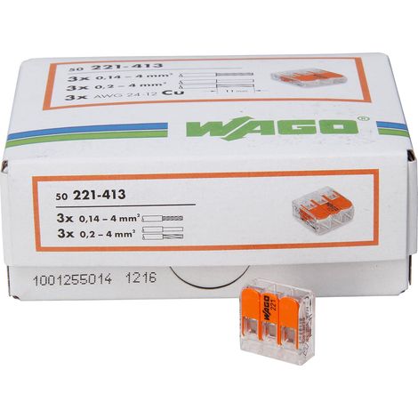 Kopp 33346427 morsetto WAGO 3 volte con leva per Flexible fili wiederoeffenbar 1,5 – 2,5 mm² Contenuto 50 pezzi, colore: trasparente/arancione