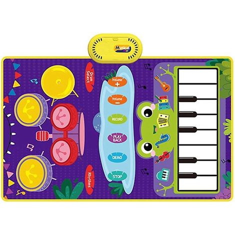 Tapis de sol piano et batterie 2 en 1 pour tout-petits avec baguettes, jouet sensoriel d'éveil musical. (1/5)