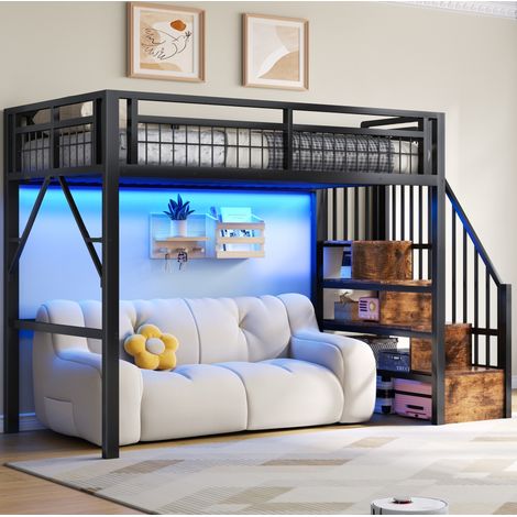 MEUBLIV Cama alta 90x200 cm negra con escalera de almacenaje y LED, sin colchón (1/5)