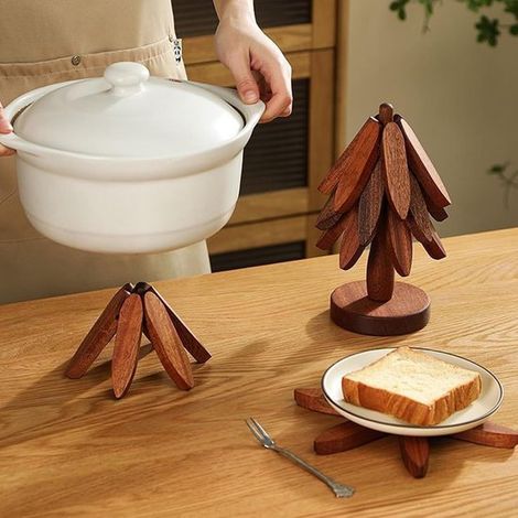 Sets de table en bois en forme d'arbre - Maniques - Dessous de verre - Dessous de verre - Lot de 3 maniques + 1 dessous de verre - Finition noyer (1/5)