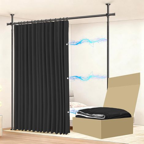 ENSEMBLE COMPLET DE RIDEAU SÉPARATEUR DE PIÈCES, IDÉAL POUR LES LOGEMENTS LOUÉS, LES BUREAUX TEMPORAIRES ET LES APPARTEMENTS (1 rideau noir : H 213 x L 270 cm, Barre : H 109-305 x L 89-254 cm) (1/5)