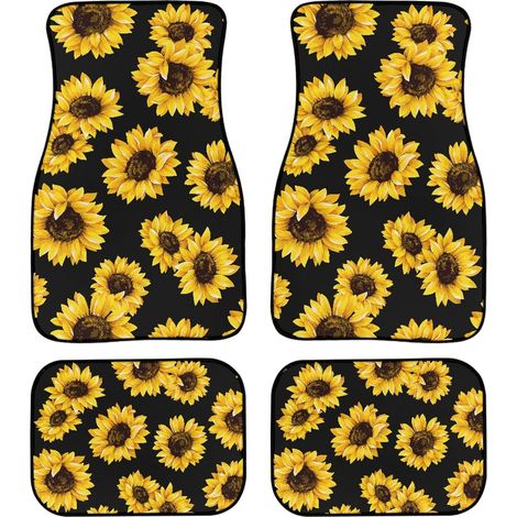 Juego de alfombrillas para coche con estampado de girasoles (4 piezas), fondo negro adornado con bonitas flores amarillas, aptas para asientos delanteros y traseros, universales. (1/4)