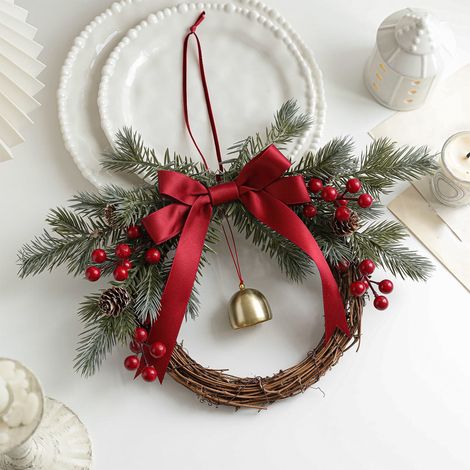 Guirlande De Noël - Pour Porte Armoire Fenêtre Mur - Branches De Cèdre Fausses Baies Rouges - Ruban Rouge - 35 X 25 X 8 Cm - 1 Pièce (1/5)