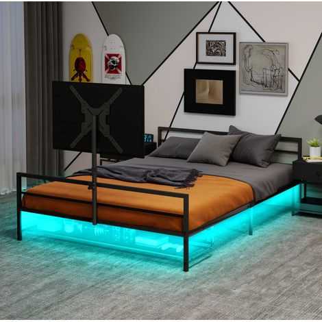 Metallbett mit LED und Monitorhalterung Schwarz OKMYHOME (1/5)